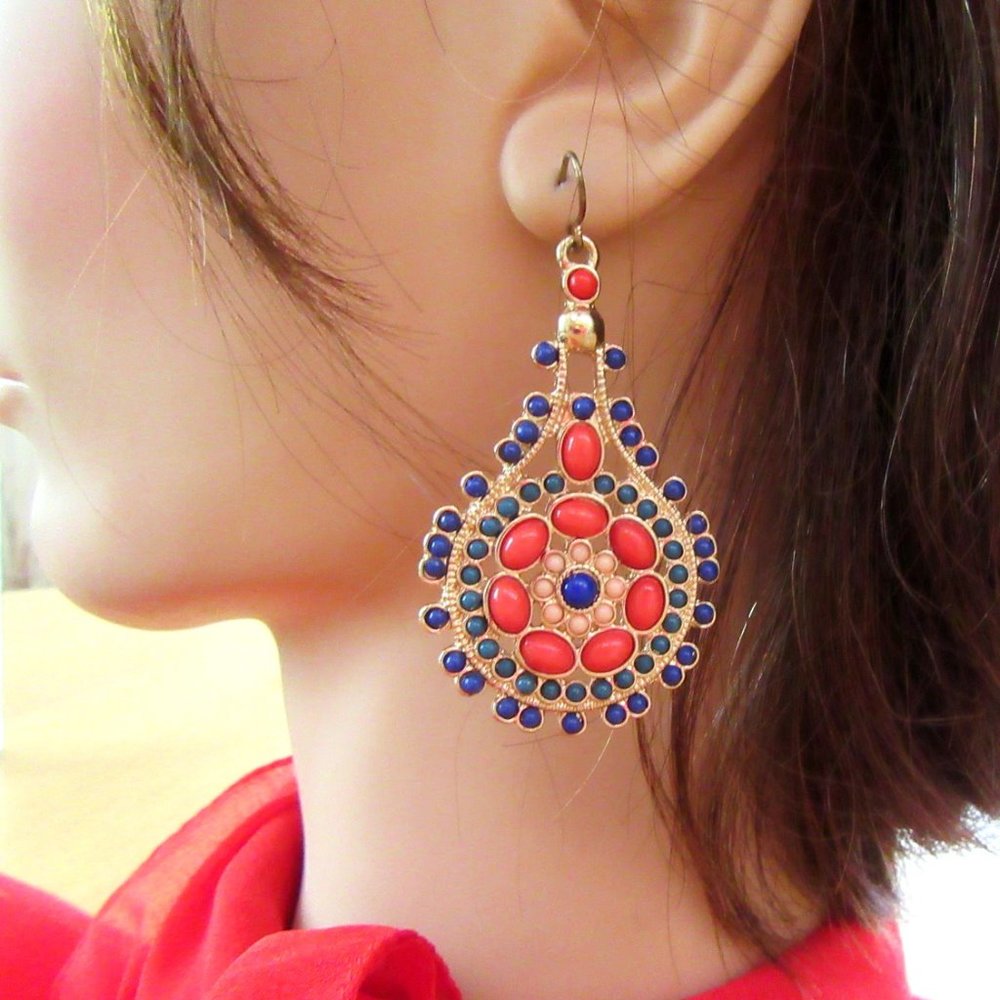 Coral orange & blue beaded dangling earrings